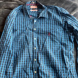 Thomas Pink Casual Blue Plaid Button Down Shirt-XL